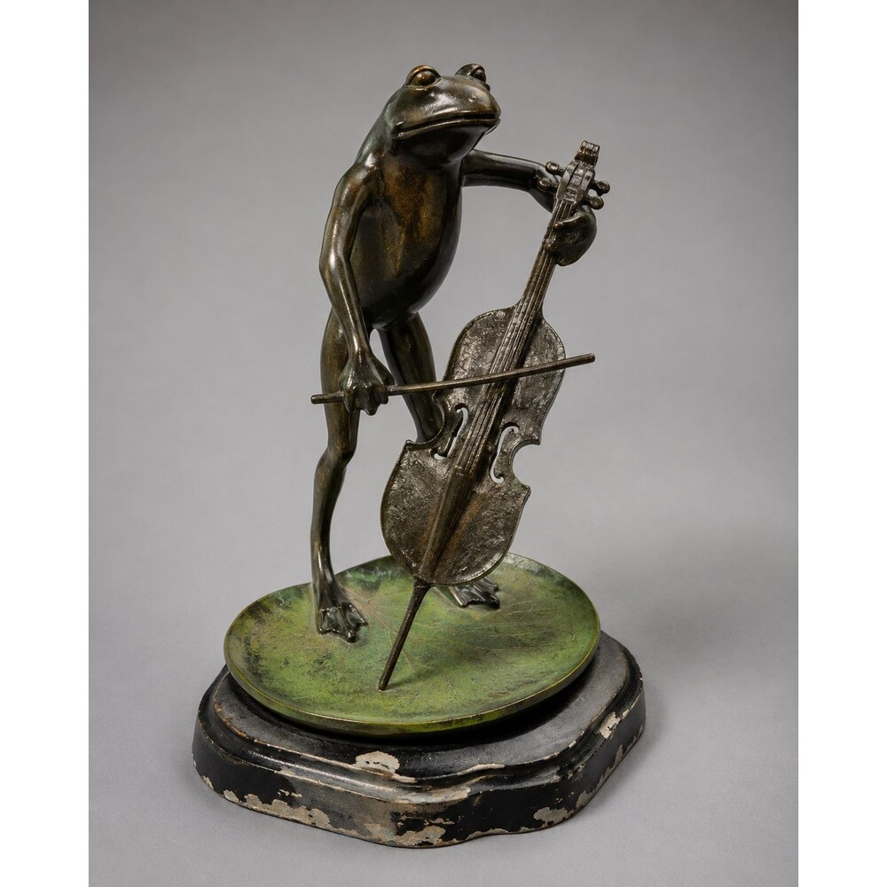 Vintage Castilian Imports Frog Playing Cello Sculpture – Heavy Cast Metal